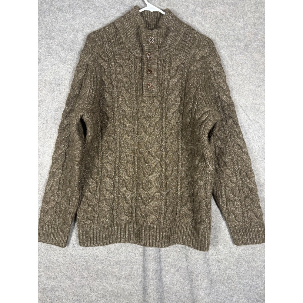 LL Bean Signature Mens Wool Linen Cable Knit Mock Neck Button Sweater Brown L